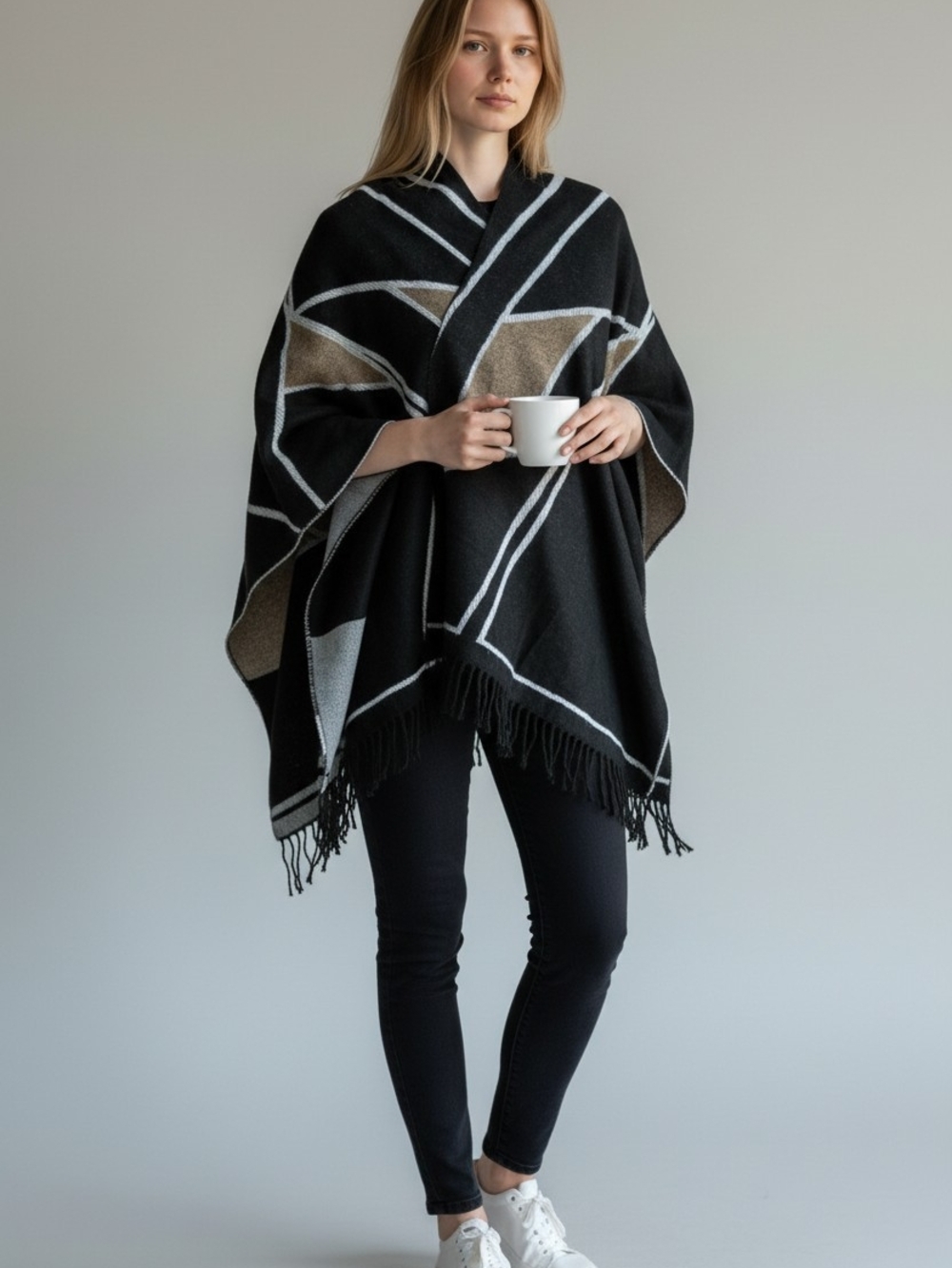 Ricki's Black Geometric Fringe Poncho - Brand Not Visible